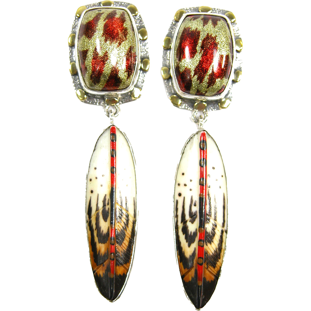 Hand carved and painted feather earring