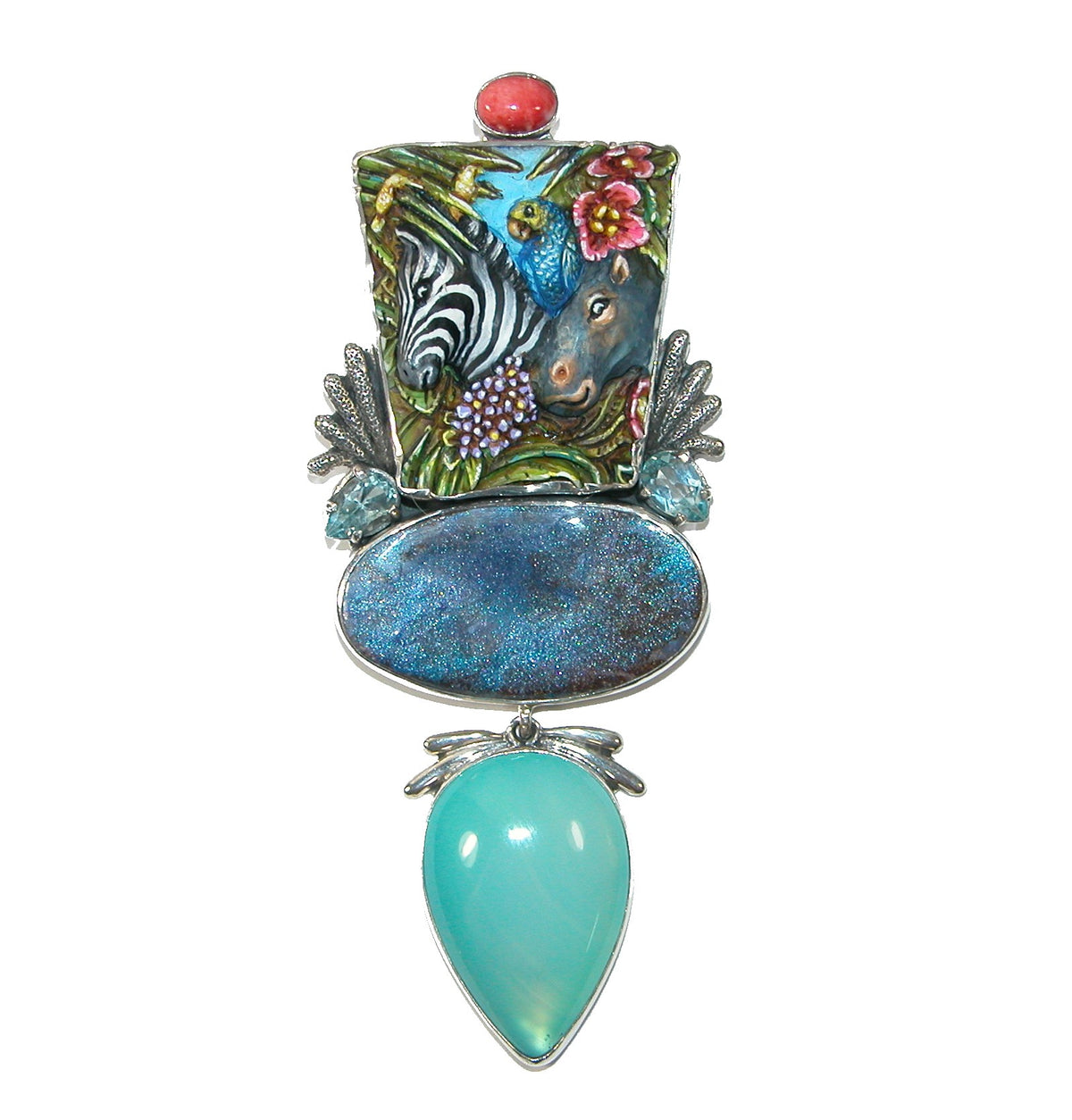 Zebra, Boulder Opal, Chalcedony Sterling Silver Pin and Pendant.