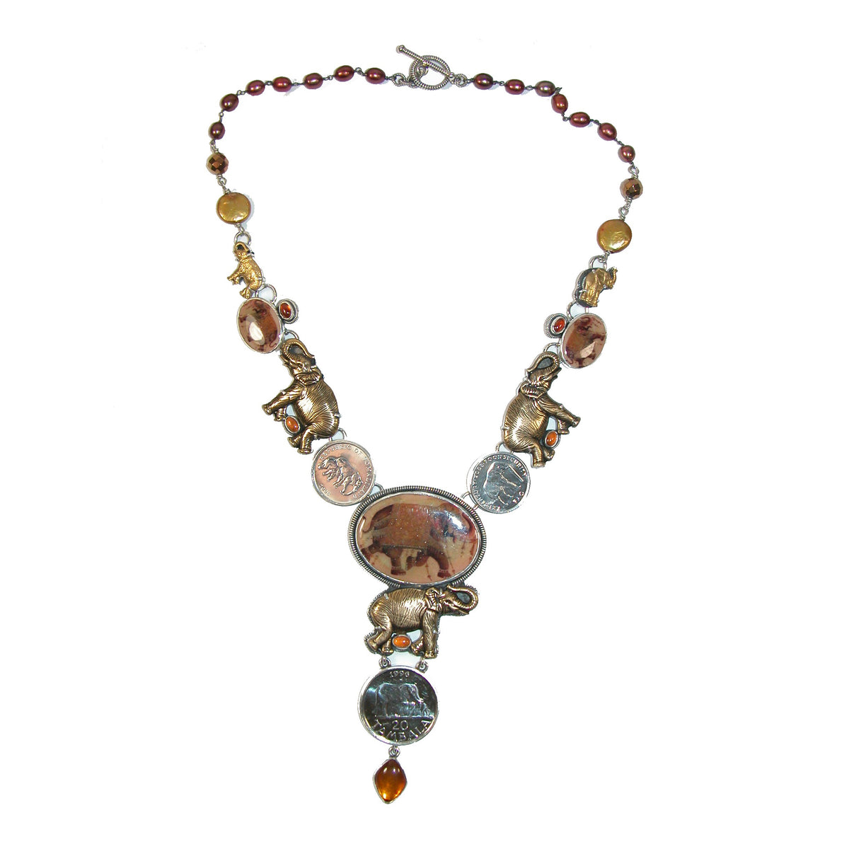 Mixed metal elephant tile and coin necklace