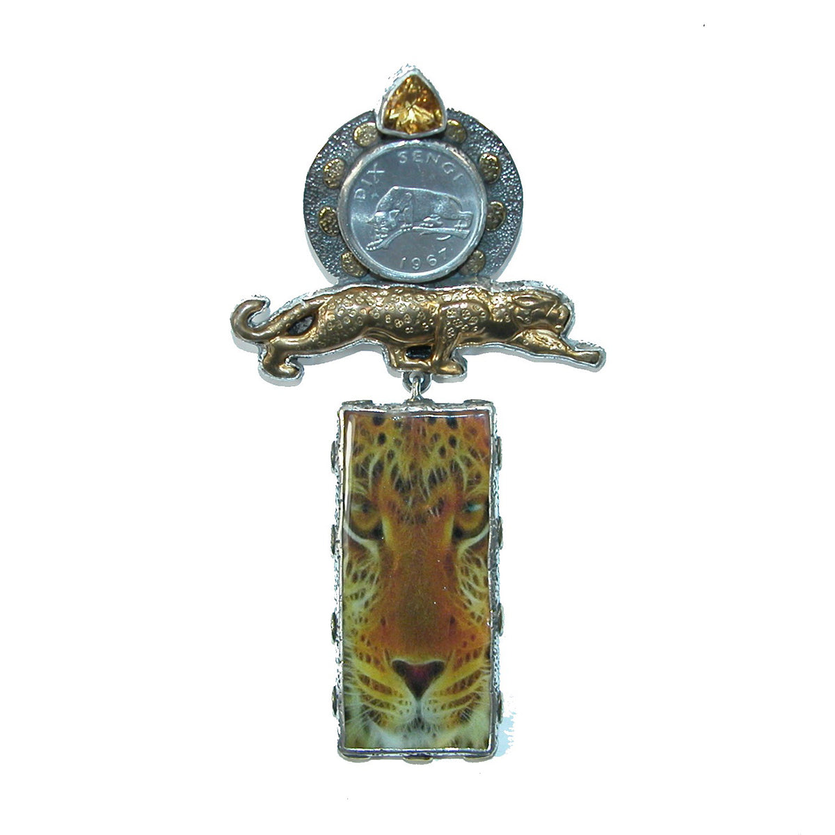 Leopard tile and coin pin pendant