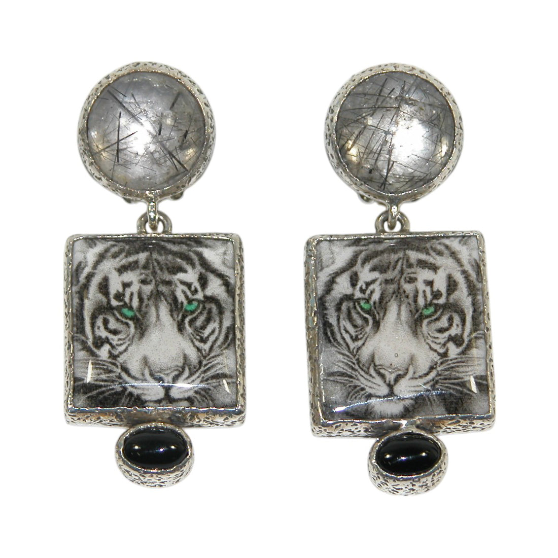White tiger tile earrings