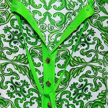 Long green silk leopard-print kaftan