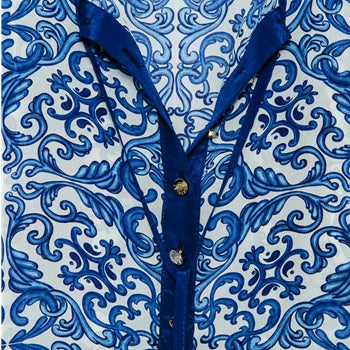 Long navy blue silk leopard-print kaftan