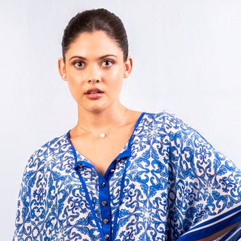 Long navy blue silk leopard-print kaftan