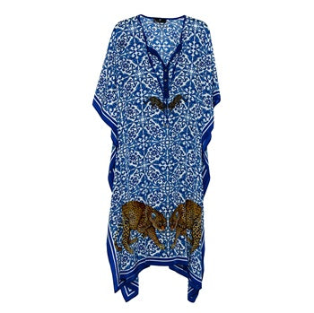 Long navy blue silk leopard-print kaftan