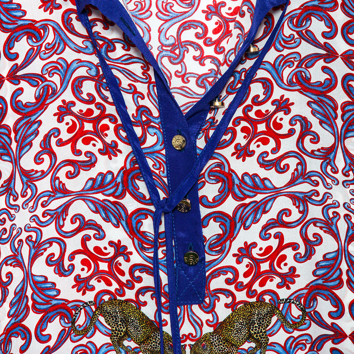 Long red & blue silk leopard-print kaftan
