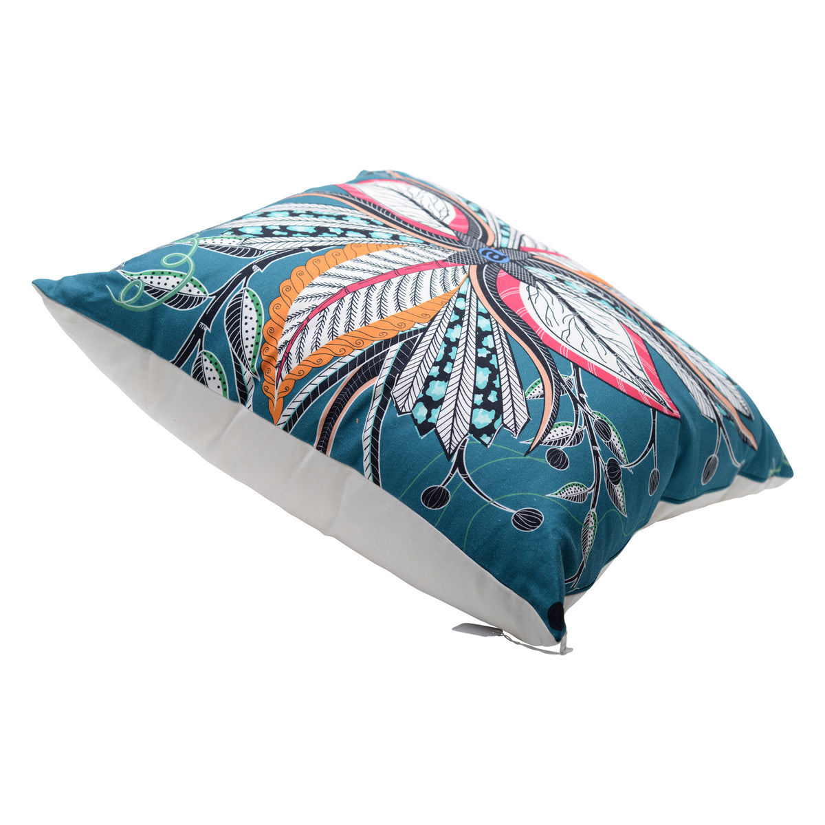 Hippo Flower Teal Antique White Linen Pillow