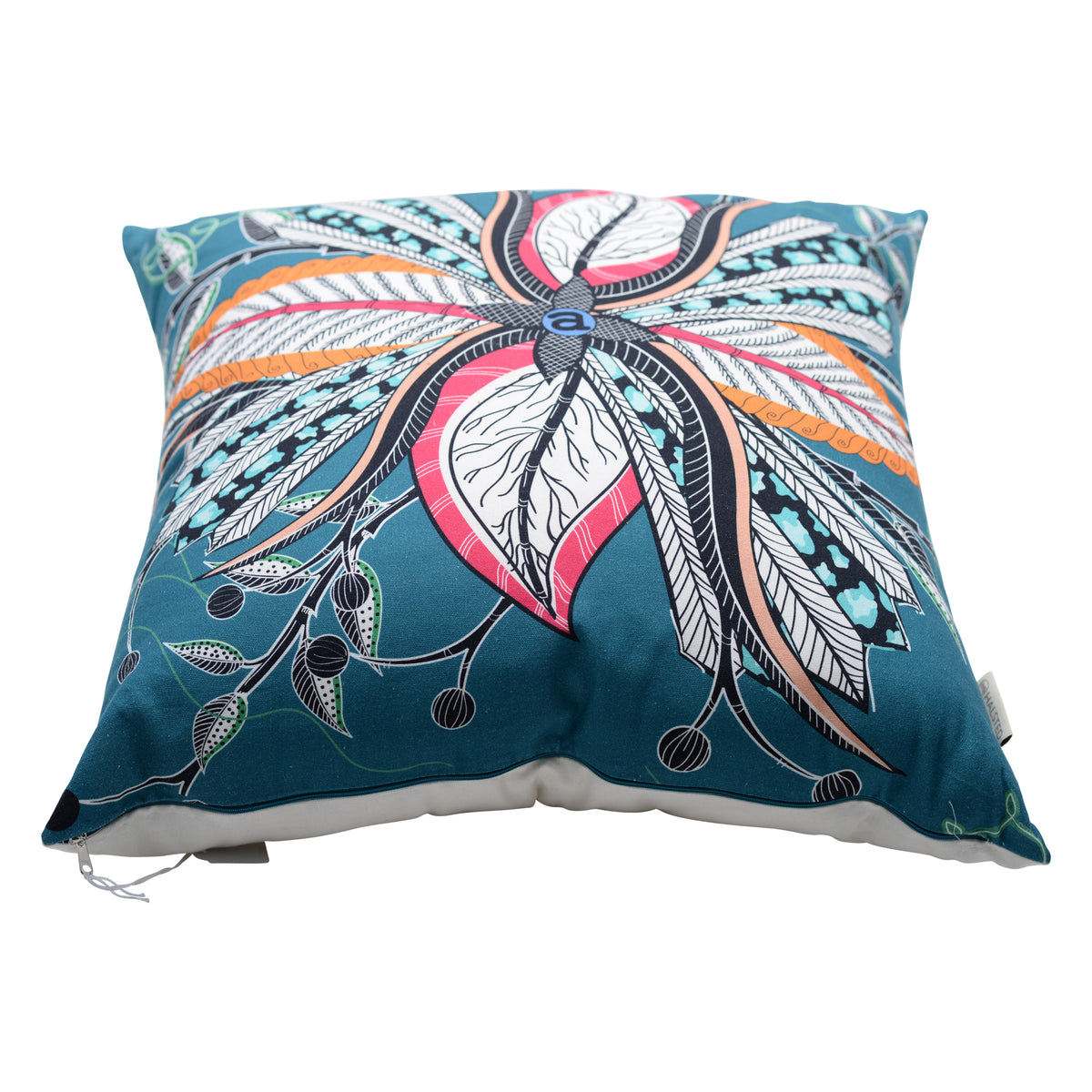 Hippo Flower Teal Antique White Linen Pillow