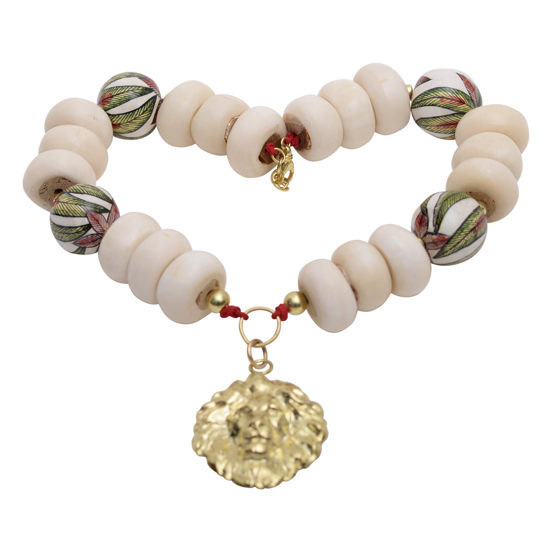 Golden lion & white beads necklace