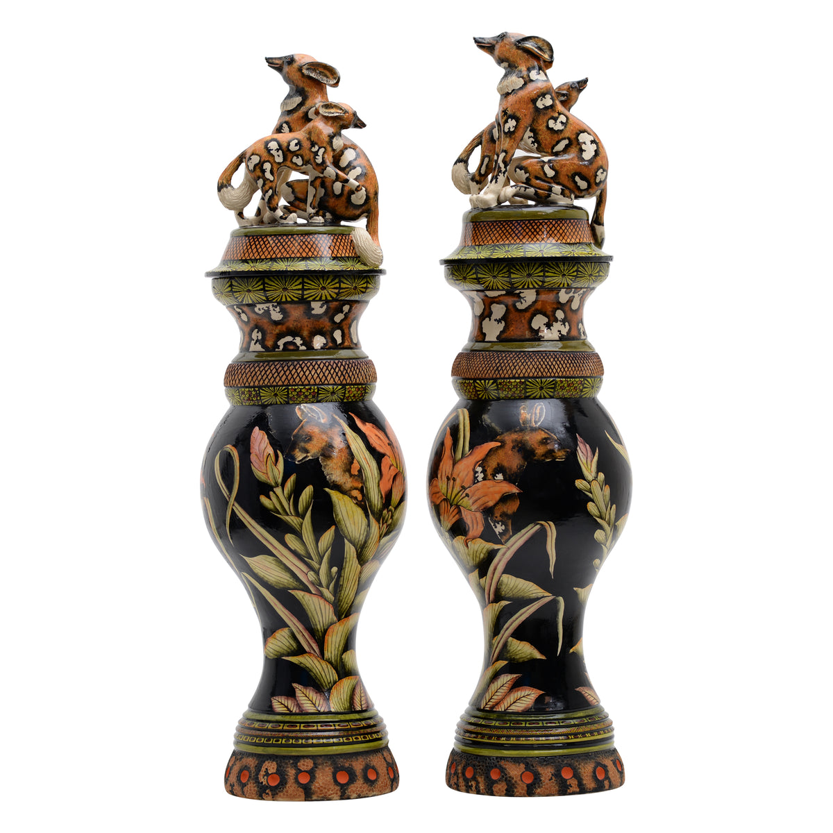 Pair Of Wild Dog Urns
