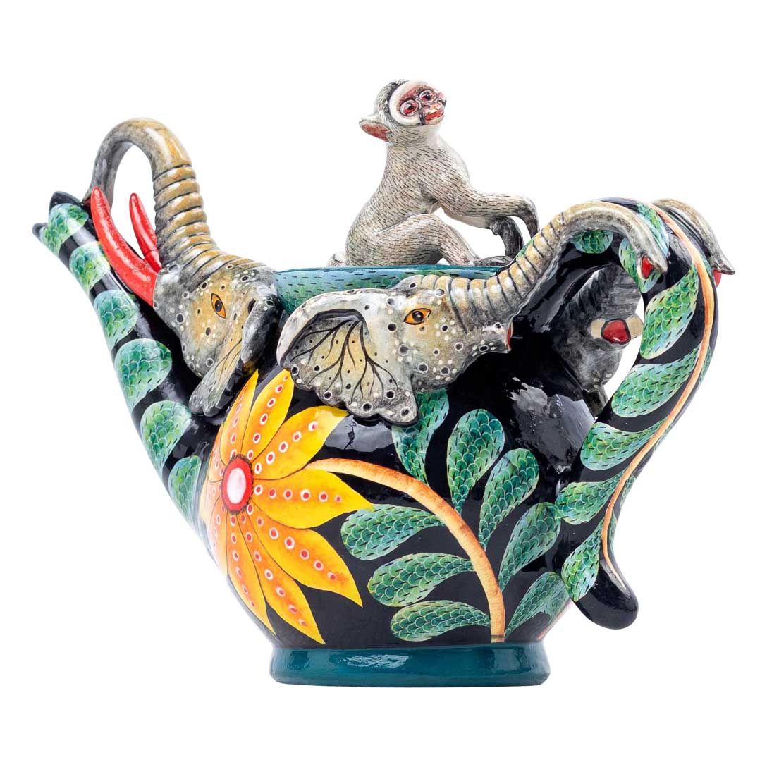 Elephant, monkey, flower, grey, blue, yellow teapot