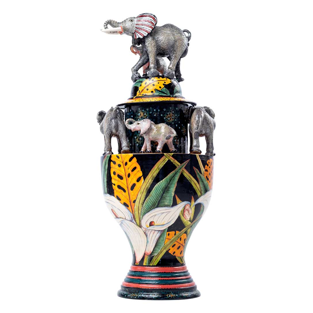 Elephant grey, orange, yellow & black urn