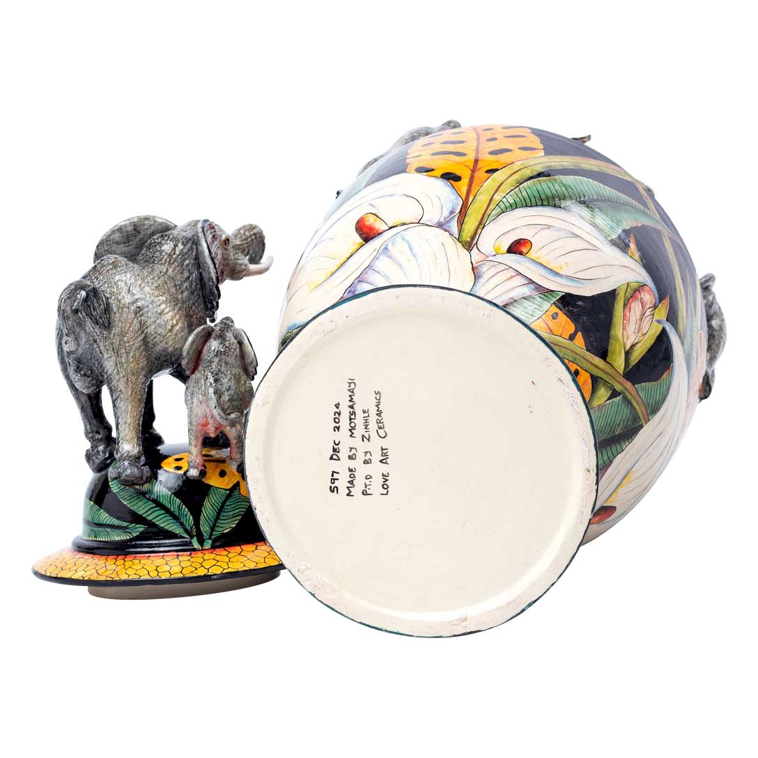 Elephant grey, orange, yellow & black urn