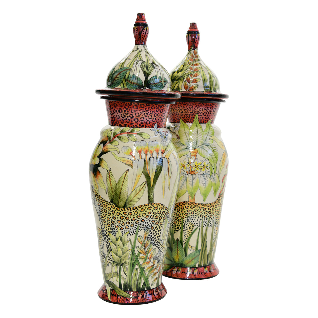 Pair of leopard urns