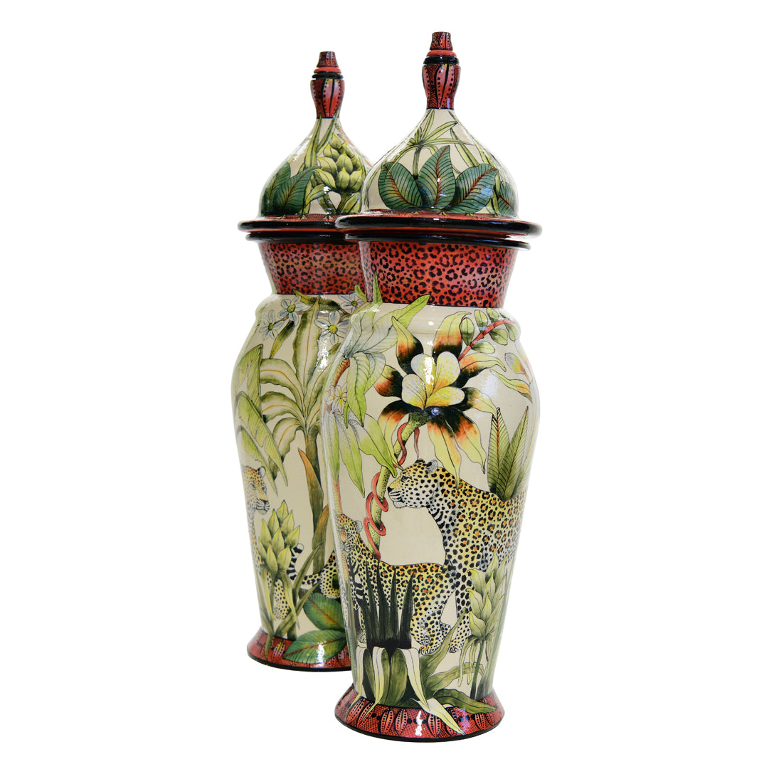 Pair of leopard urns