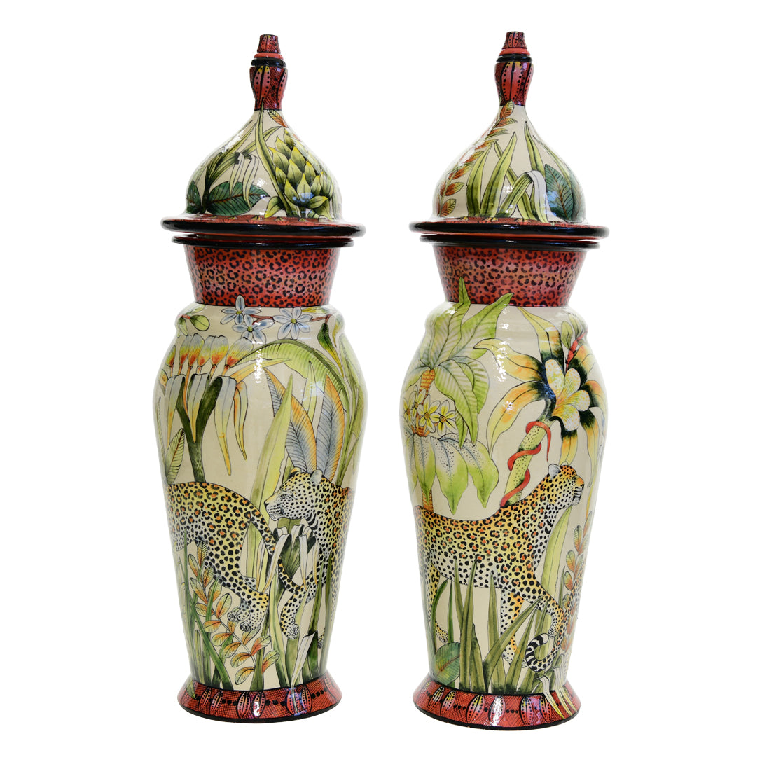 Pair of leopard urns