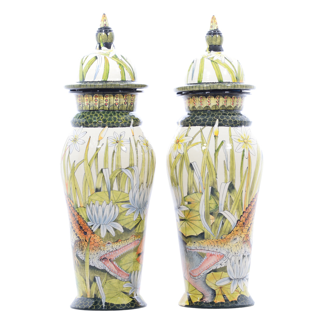 Pair of hippo & crocodile urns