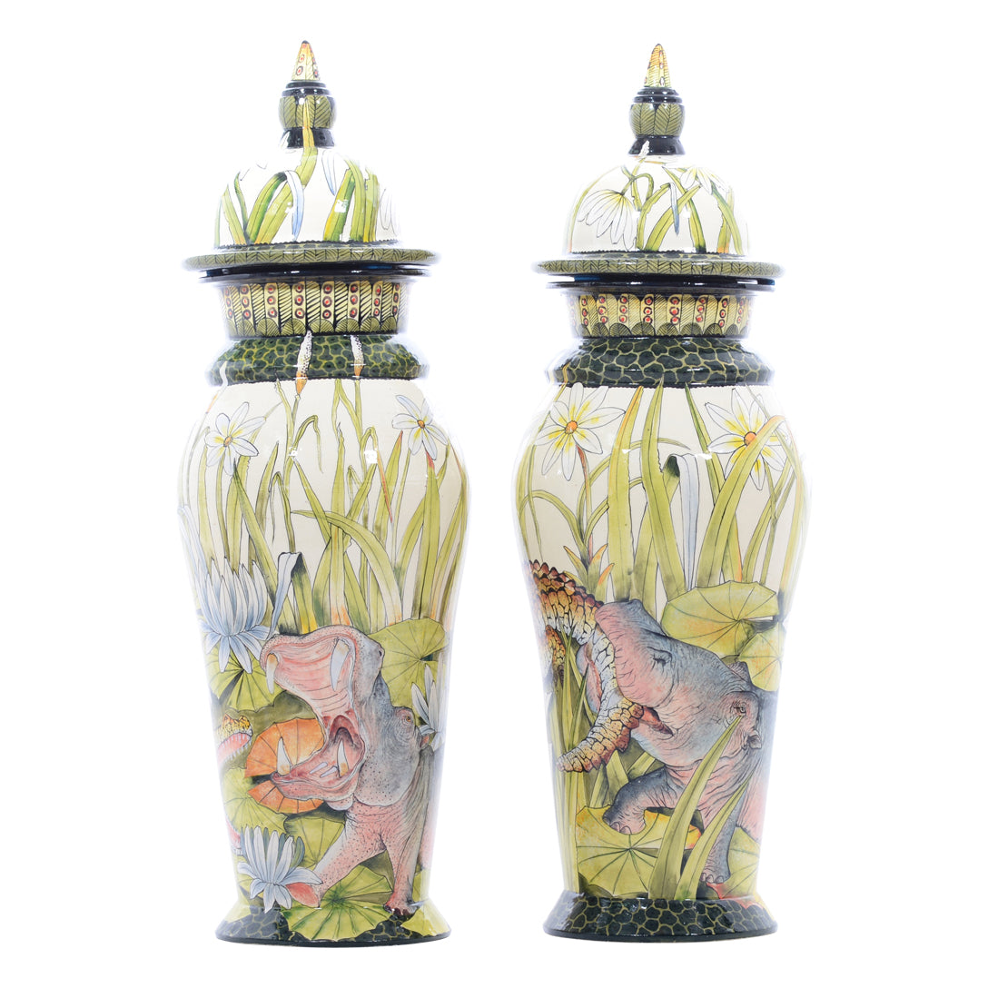 Pair of hippo & crocodile urns