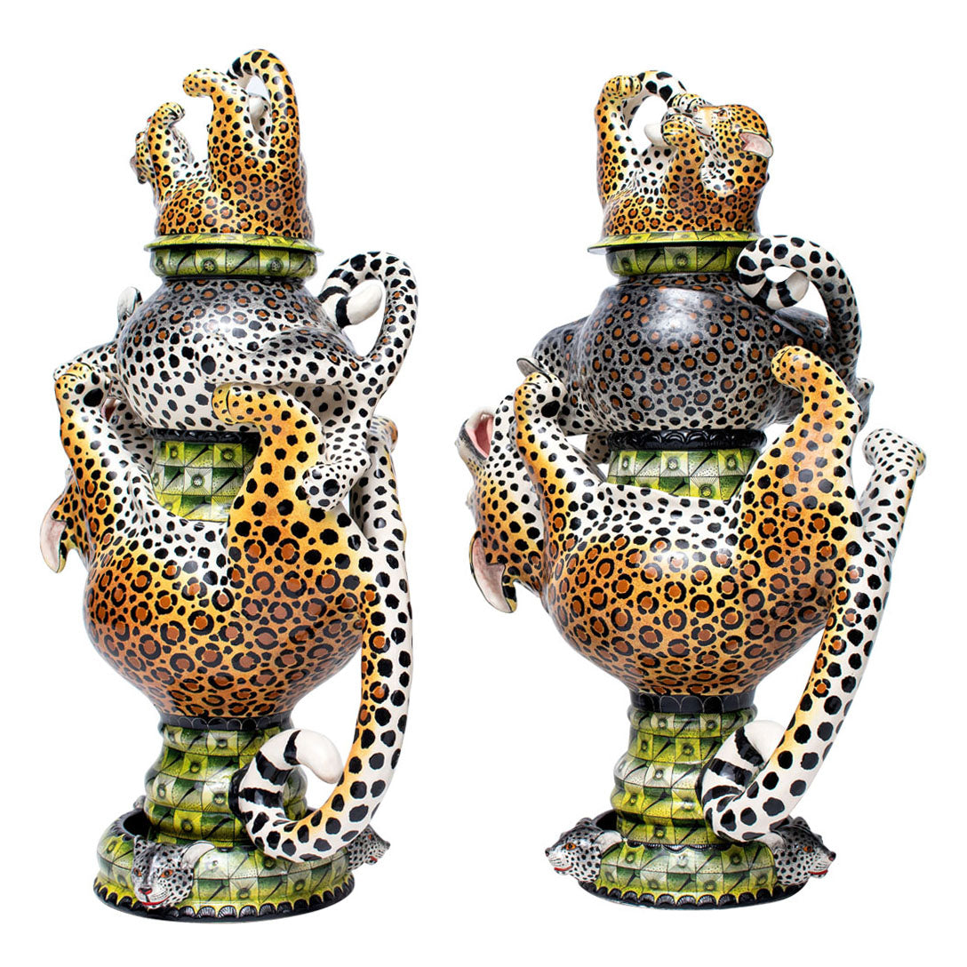 Pair of leopard urns