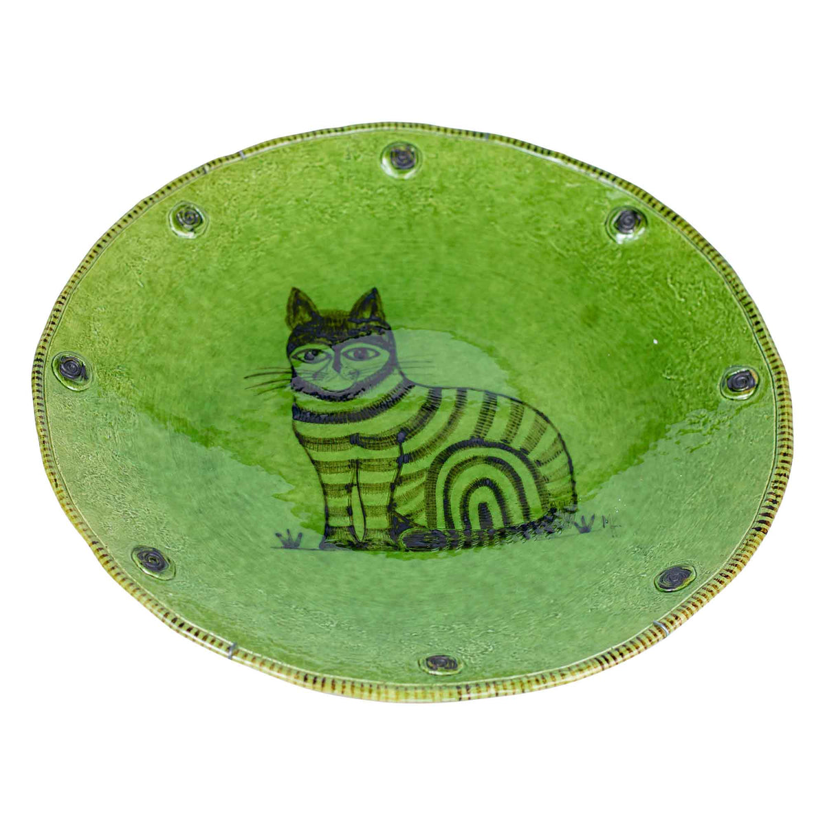 Green glazed cat plate