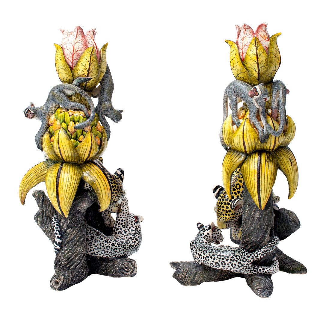 Pair of leopard & monkey candlesticks