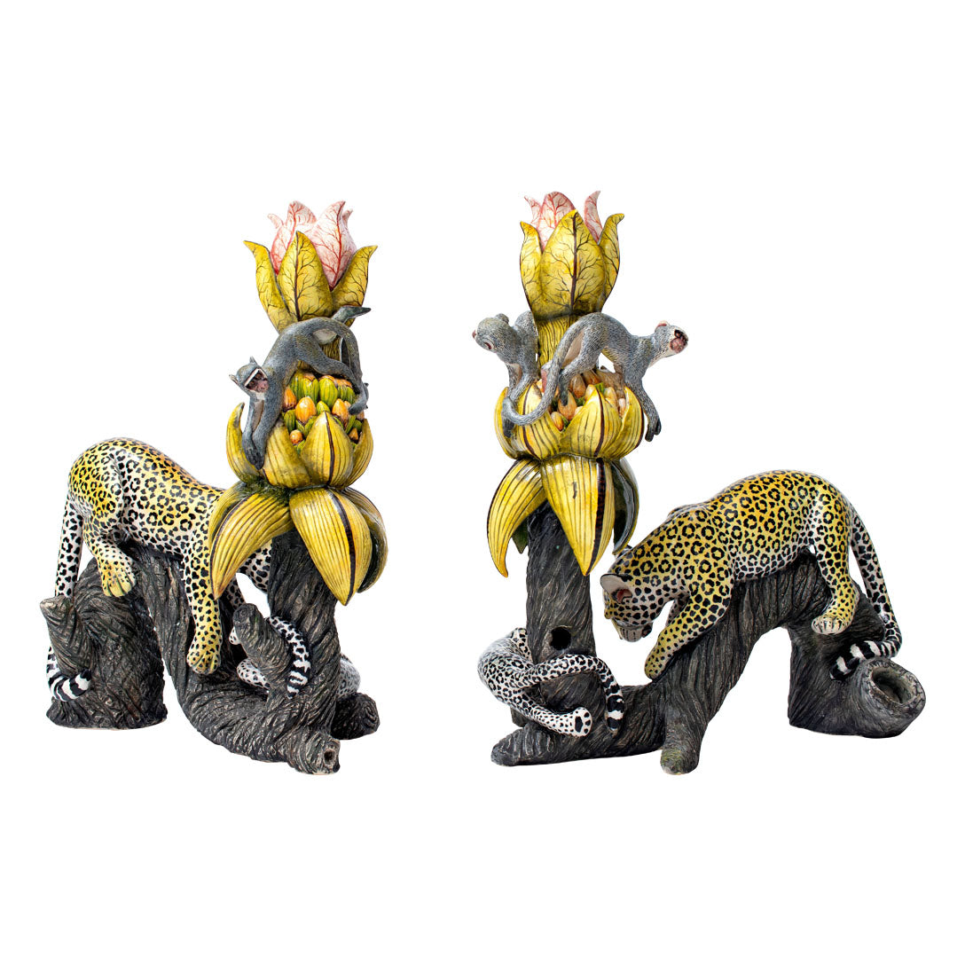 Pair of leopard & monkey candlesticks