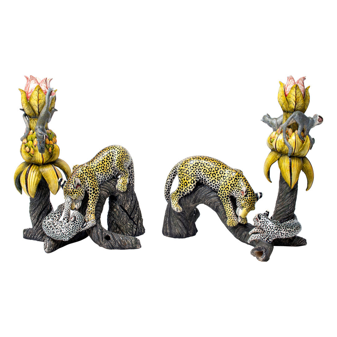 Pair of leopard & monkey candlesticks