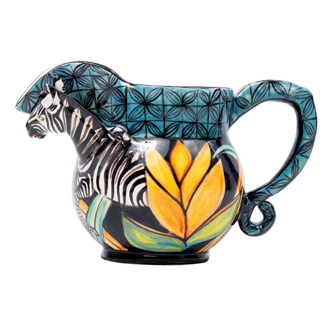 Zebra,protea,grass, blue, gold, black jug