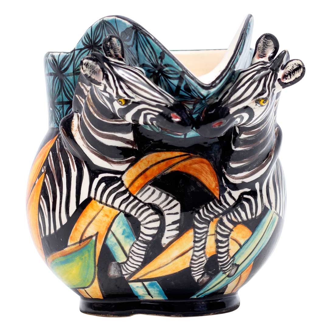 Zebra,protea,grass, blue, gold, black jug