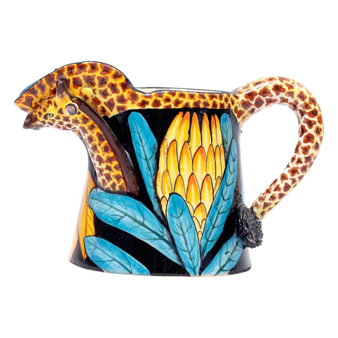 Giraffe, protea, blue, gold and black jug