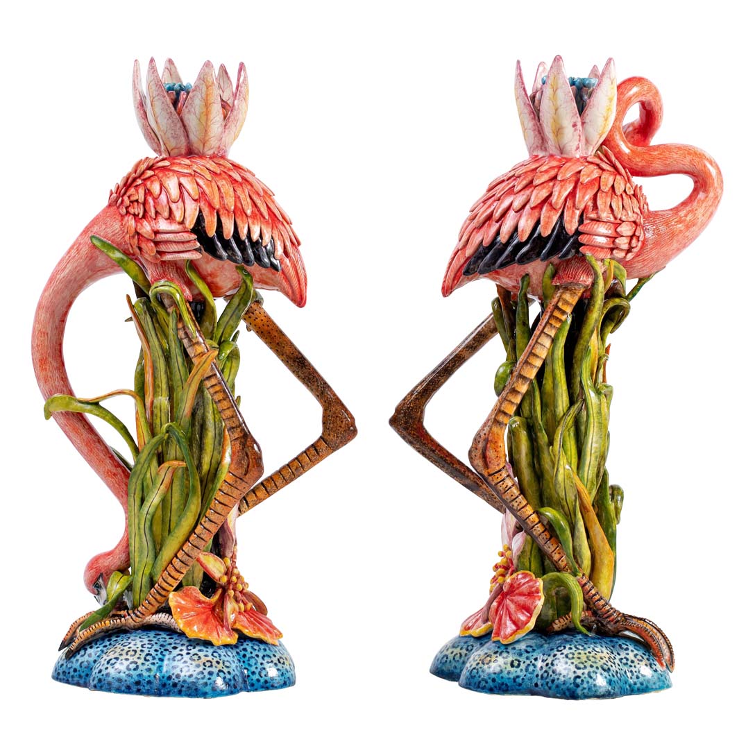 Pair of flamingoes & lily flower candlesticks