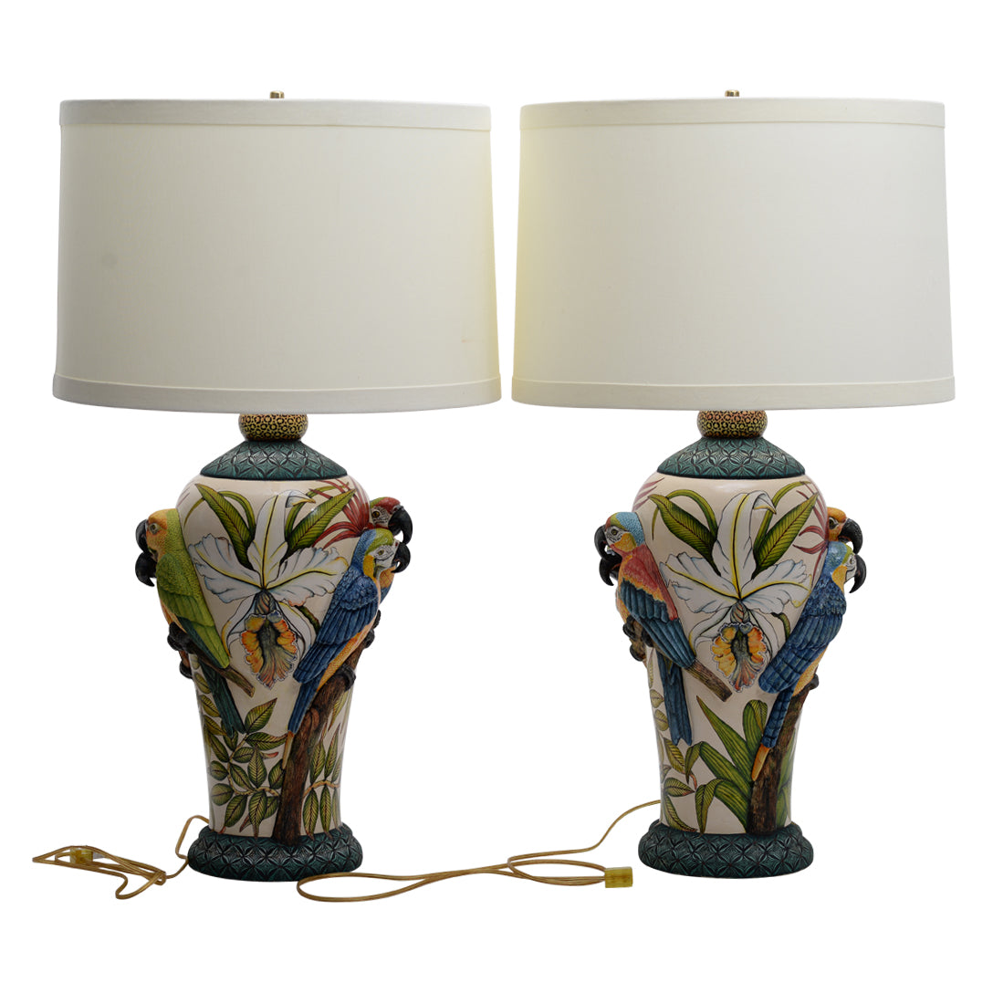Pair of parrot & orchid flower lamps