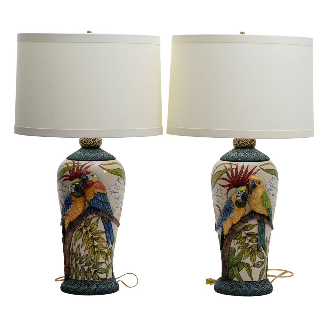 Pair of parrot & orchid flower lamps