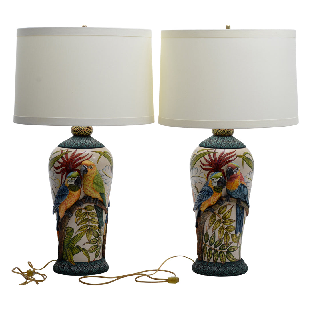 Pair of parrot & orchid flower lamps