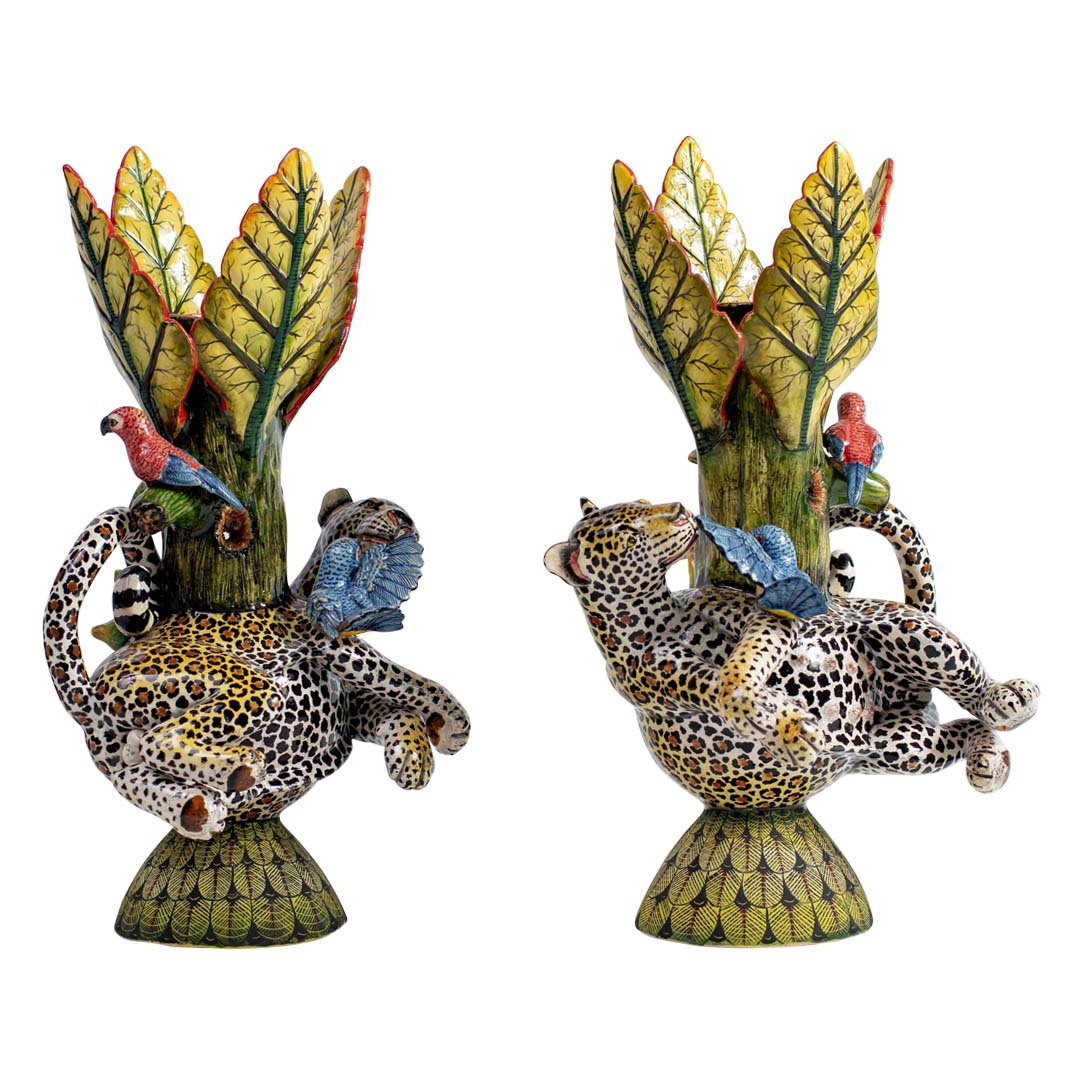 Pair of leopard & lovebird candlesticks