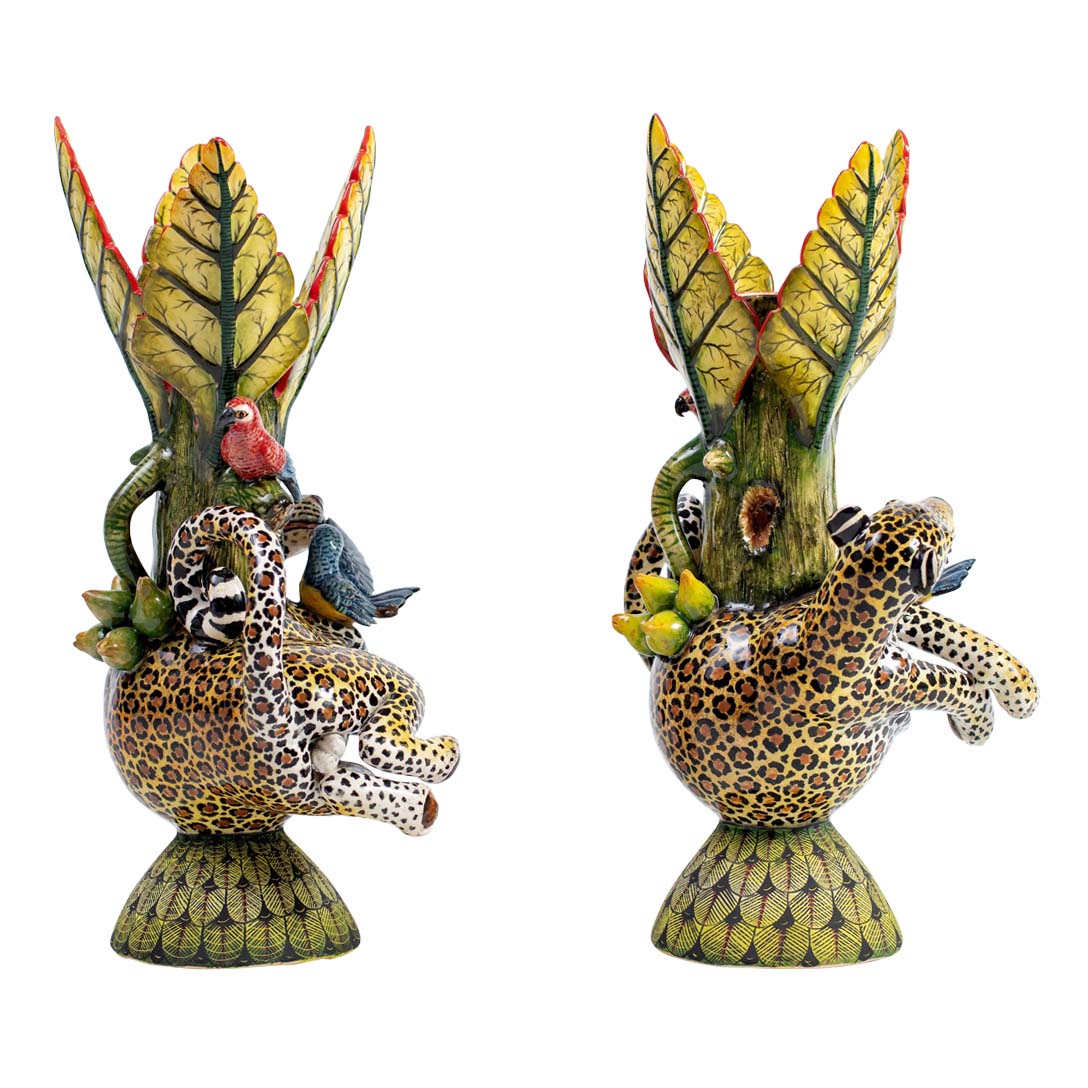 Pair of leopard & lovebird candlesticks