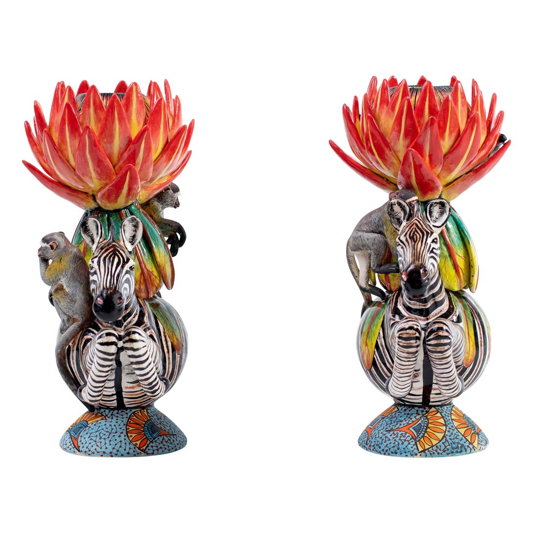Pair of zebra & protea flower candlesticks