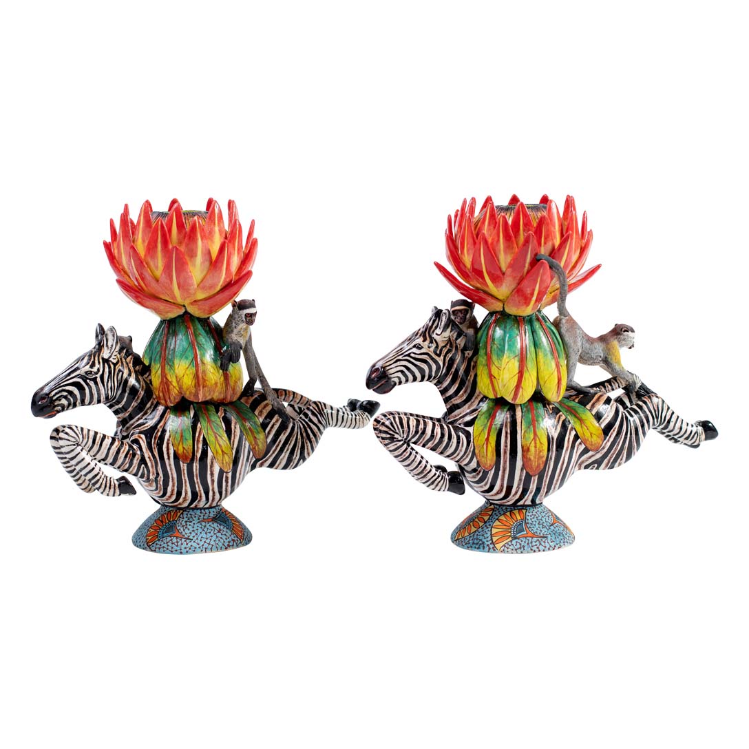 Pair of zebra & protea flower candlesticks