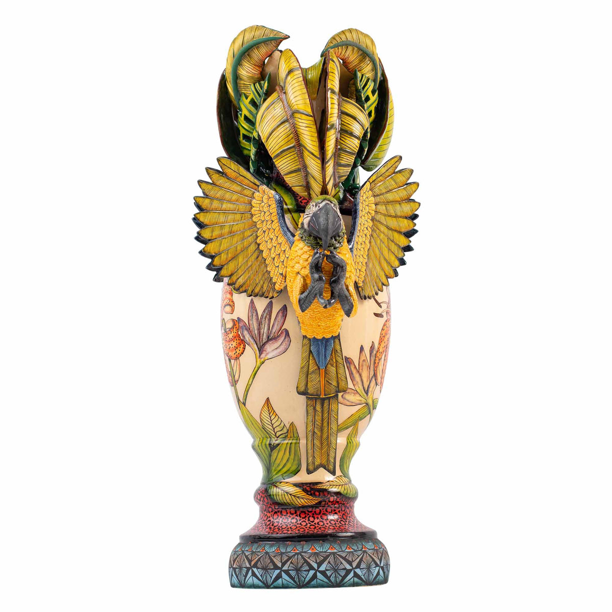 Parrot, lilium flower & palm leaves vase