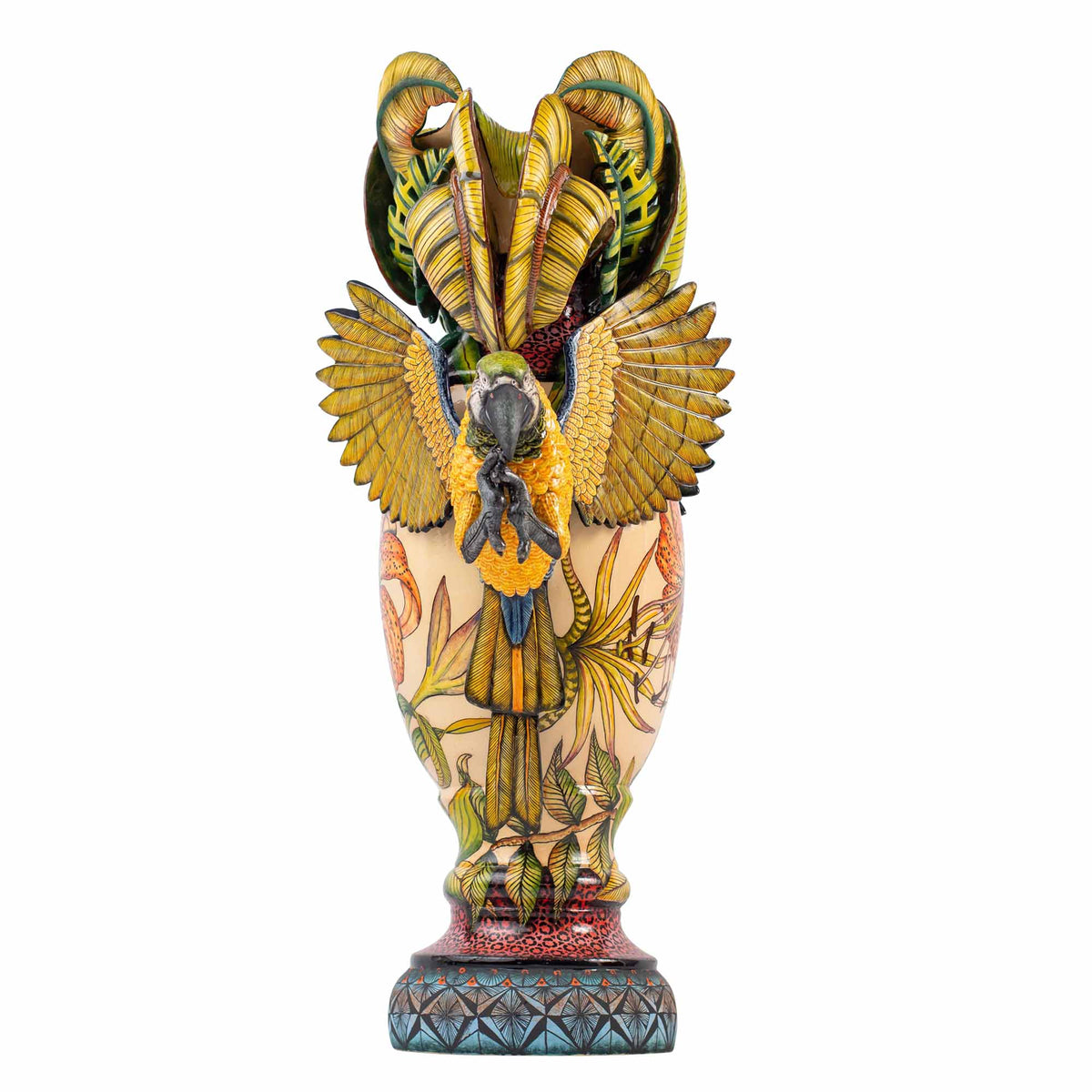 Parrot, lilium flower & palm leaves vase