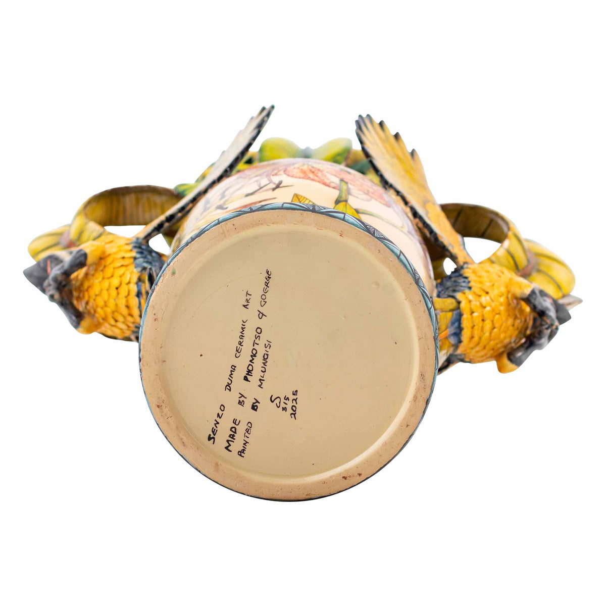 Parrot, lilium flower & palm leaves vase