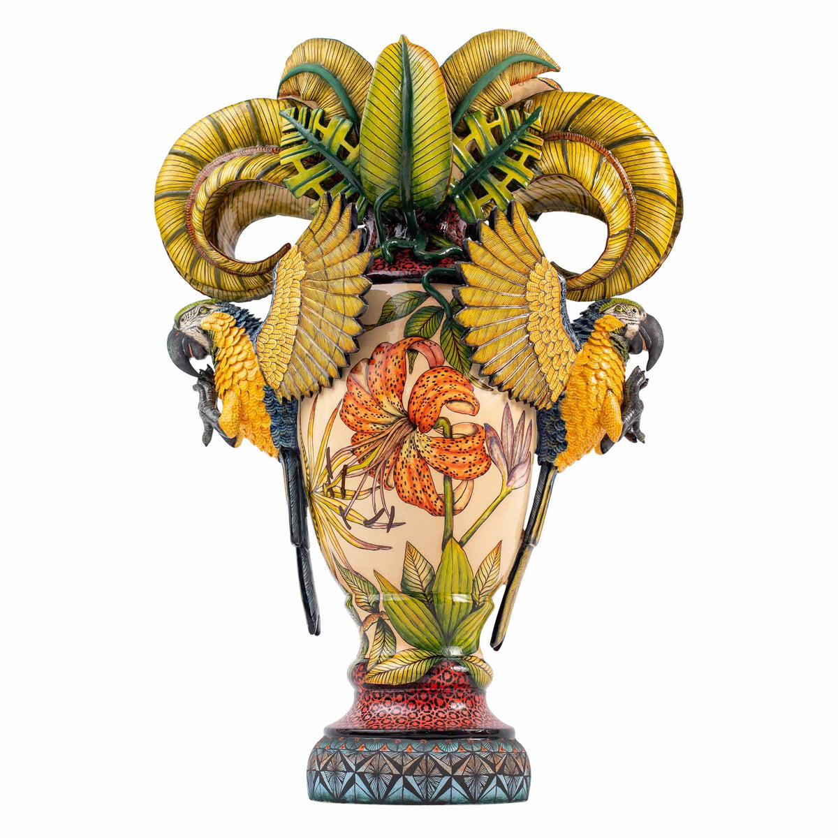 Parrot, lilium flower & palm leaves vase