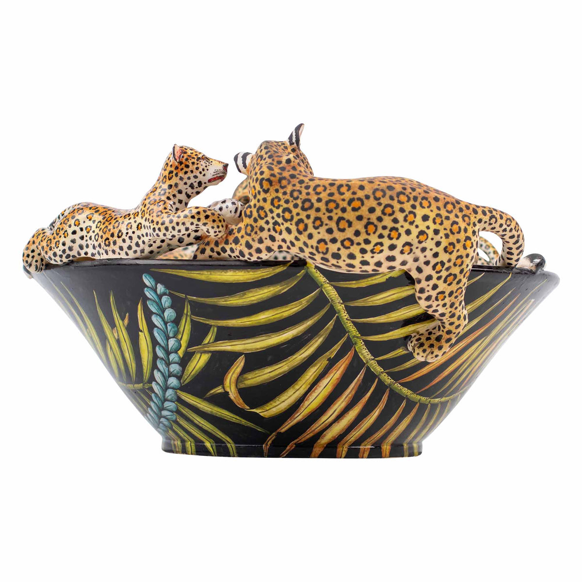 Leopard, palm leaves & protea bowl