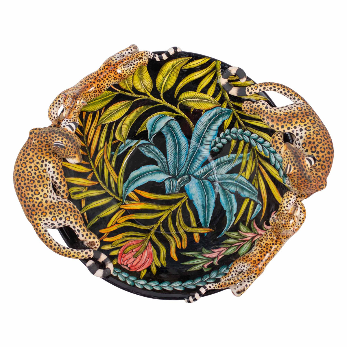 Leopard, palm leaves & protea bowl