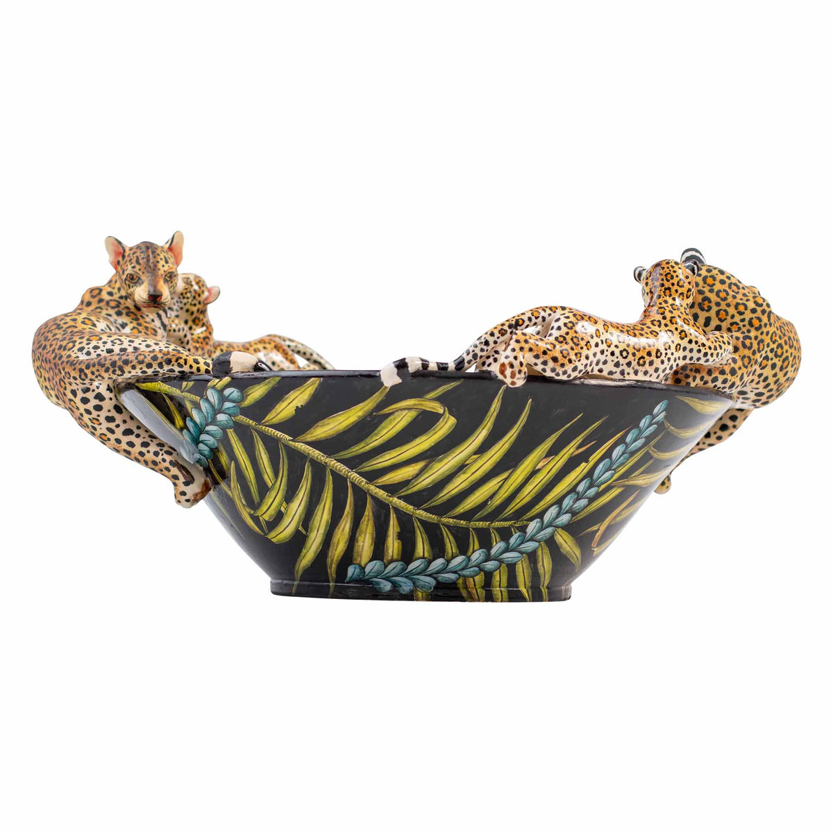 Leopard, palm leaves & protea bowl