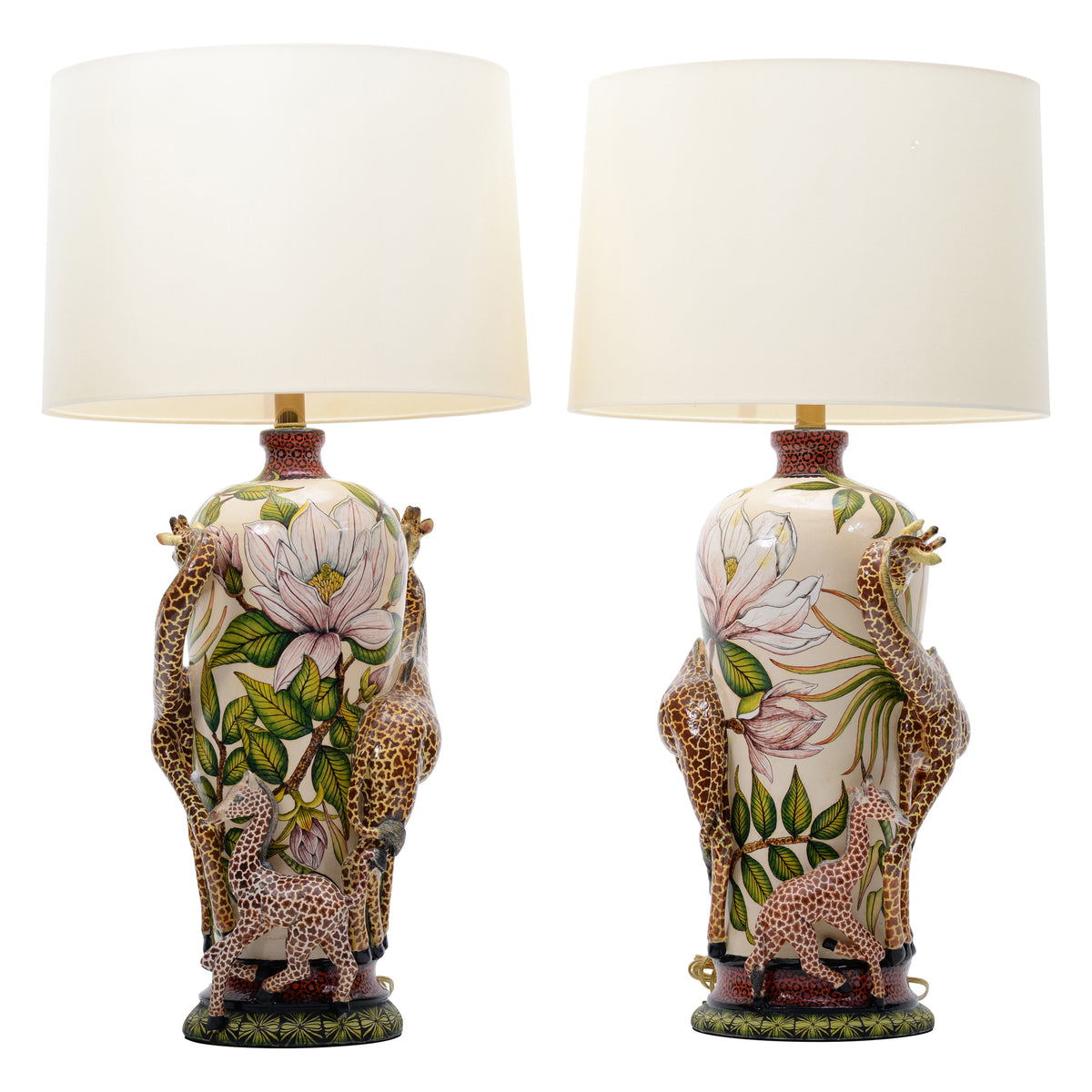 Pair of giraffe & magnolias lamps