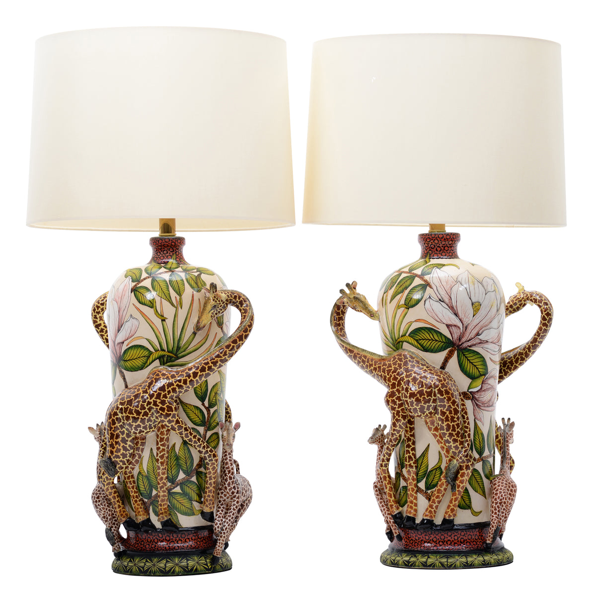 Pair of giraffe & magnolias lamps