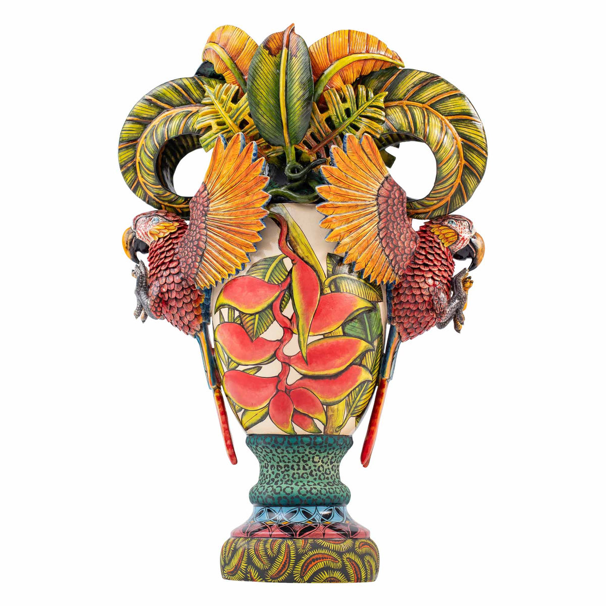 Parrot & palm leaves, heliconia flower vase