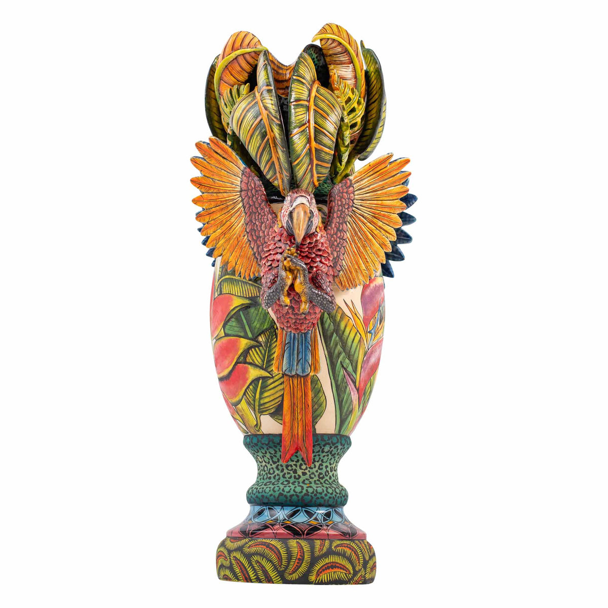 Parrot & palm leaves, heliconia flower vase