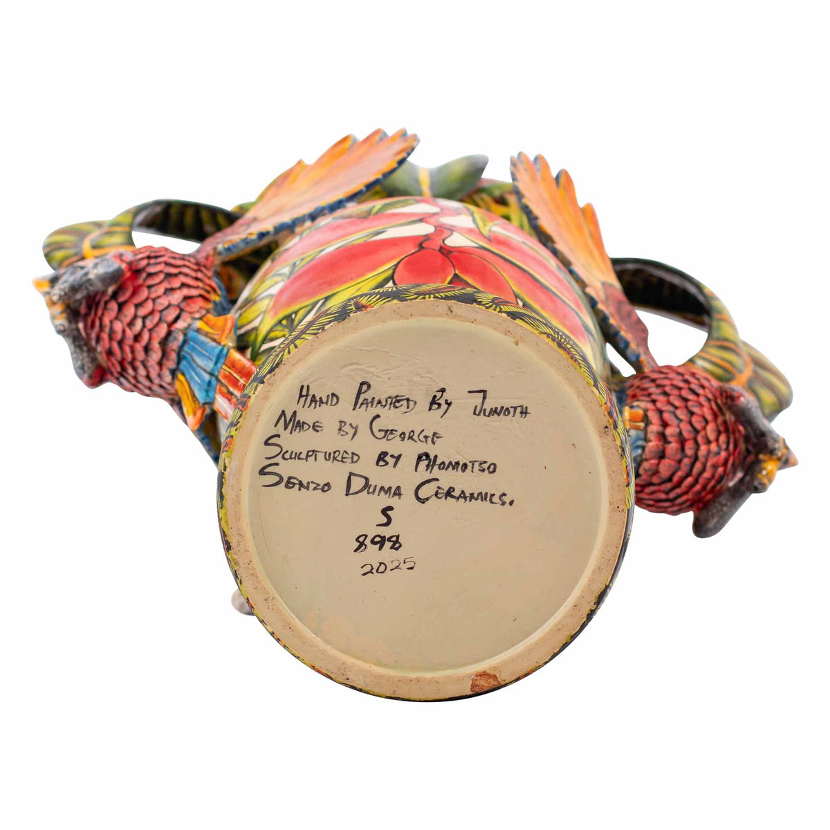 Parrot & palm leaves, heliconia flower vase